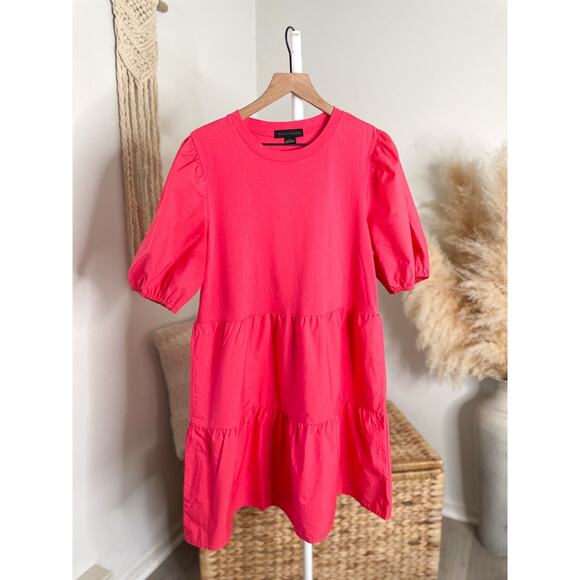 Sanctuary Pink Poplin Tiered Puff Sleeve Mini Dress Large Short Sleeve - Picture 3 of 9